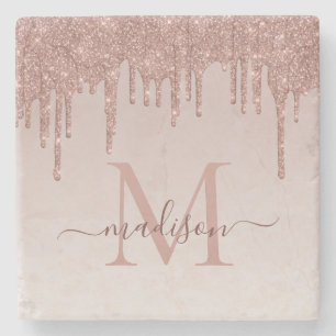 Elegant Glitter Drips Rose Gold Monogram Script Stone Coaster