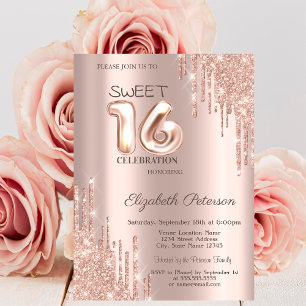Elegant Glitter Drips Rose Gold  Sweet 16 Invitation