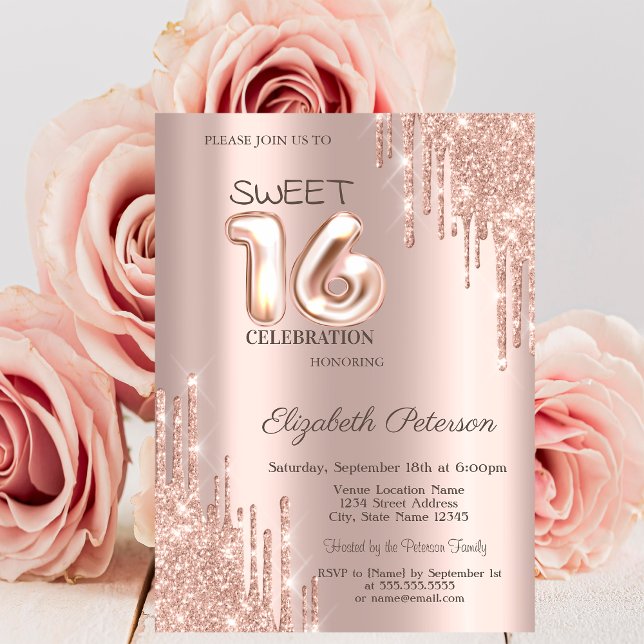 Elegant Glitter Drips Rose Gold  Sweet 16 Invitation (Creator Uploaded)