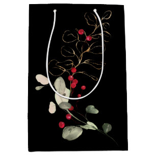 Elegant Glitter Eucalyptus & Holly Berry Christmas Medium Gift Bag