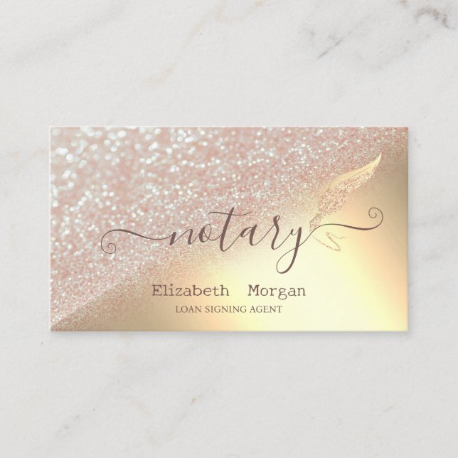 Elegant Glitter Feather Notary Bokeh Gold Business Card (Front)