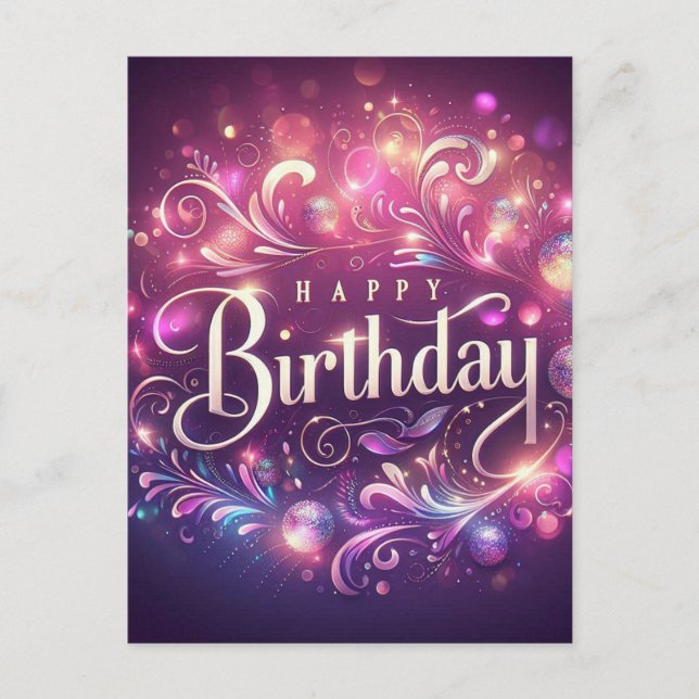 Elegant Glitter Floral Birthday Postcard - pink (Front)