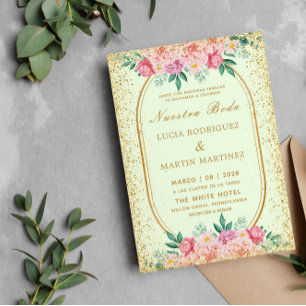 Elegant Glitter Floral Gold Green Nuestra Boda Invitation