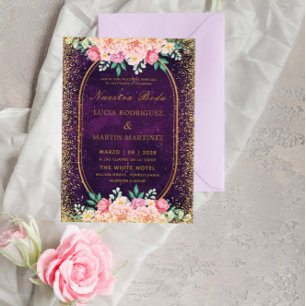 Elegant Glitter Floral Gold Purple Nuestra Boda Invitation