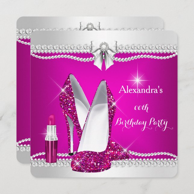 Elegant Glitter Glamour Pink High Heels Lipstick Invitation (Front/Back)