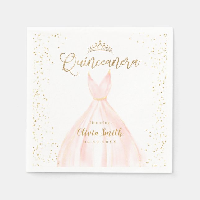 Elegant glitter gold and blush dress quinceañera napkin (Front)