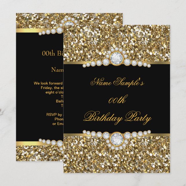 Elegant Glitter Gold Black Diamond Birthday Invitation (Front/Back)