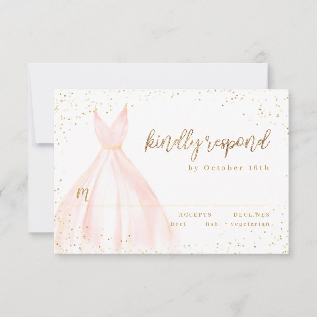 Elegant glitter gold blush dress quinceañera RSVP Card (Front)