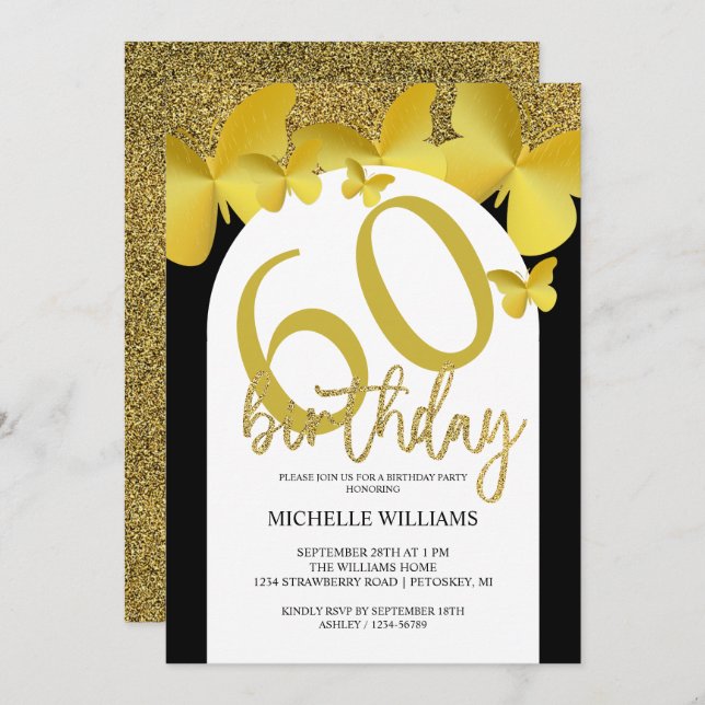 Elegant Glitter Gold Butterfly Calligraphy  Invitation (Front/Back)