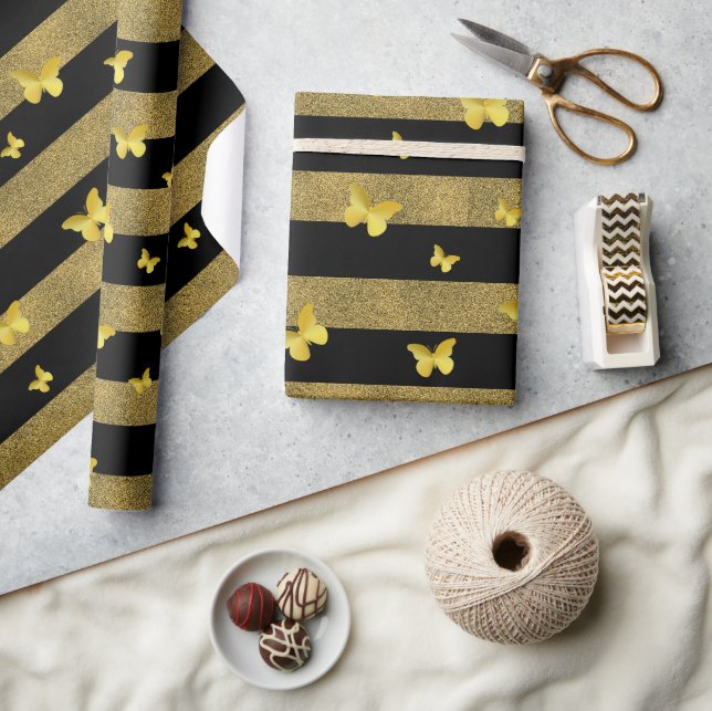 Elegant Glitter Gold Butterfly Pattern Wrapping Paper (Crafts)