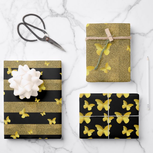 Elegant Glitter Gold Butterfly Pattern Wrapping Paper Sheet (Front)