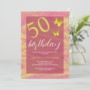 Elegant Glitter Gold Calligraphy Floral Birthday Invitation