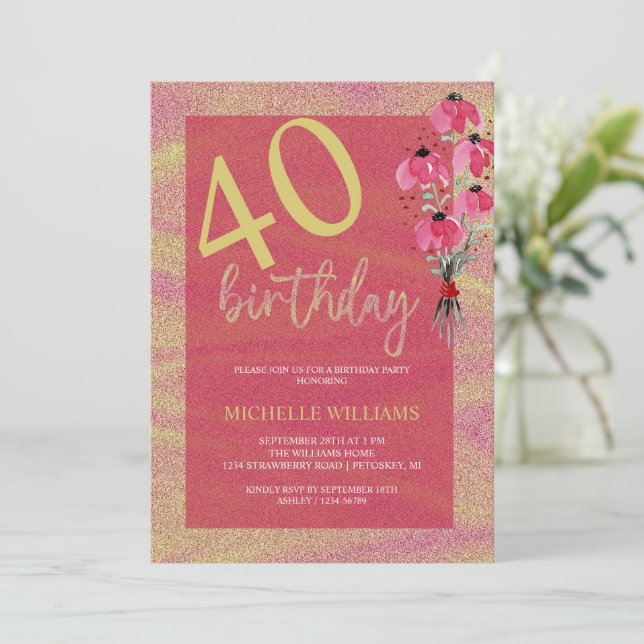 Elegant Glitter Gold Calligraphy Floral Birthday Invitation (Standing Front)