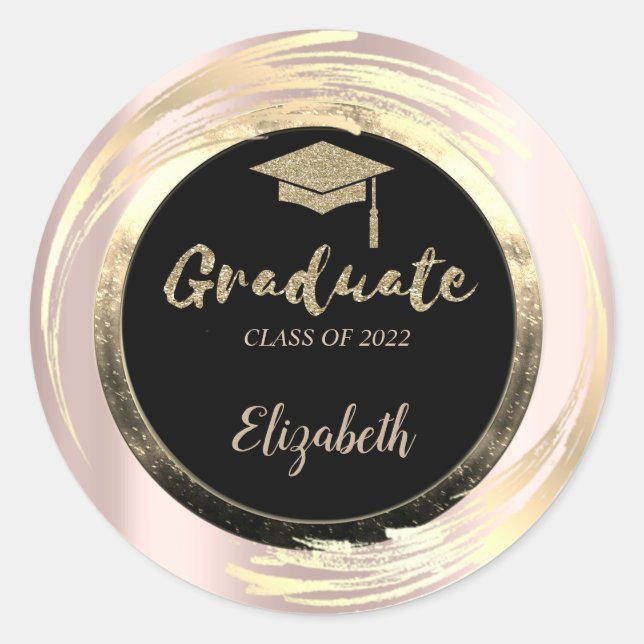 Elegant Glitter Gold Grad Cap,Black,Rose Gold Classic Round Sticker (Front)