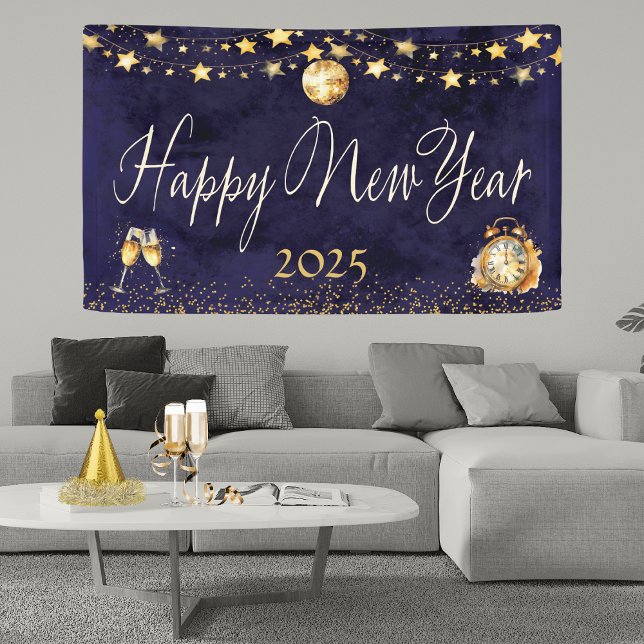 Elegant Glitter Gold Happy New Year Party Banner (Elegant New Year’s Banner – Watercolor Blue & Gold with Disco Ball, Stars & Champagne Glasses)