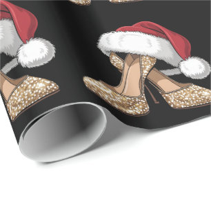 Elegant Glitter gold heel shoes Santa Hat Wrapping Paper