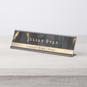 Elegant Glitter Gold Luxe Black Agate Marble Desk Name Plate