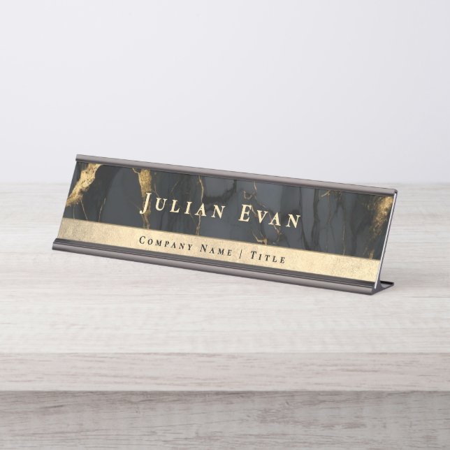 Elegant Glitter Gold Luxe Black Agate Marble Desk Name Plate (Front)