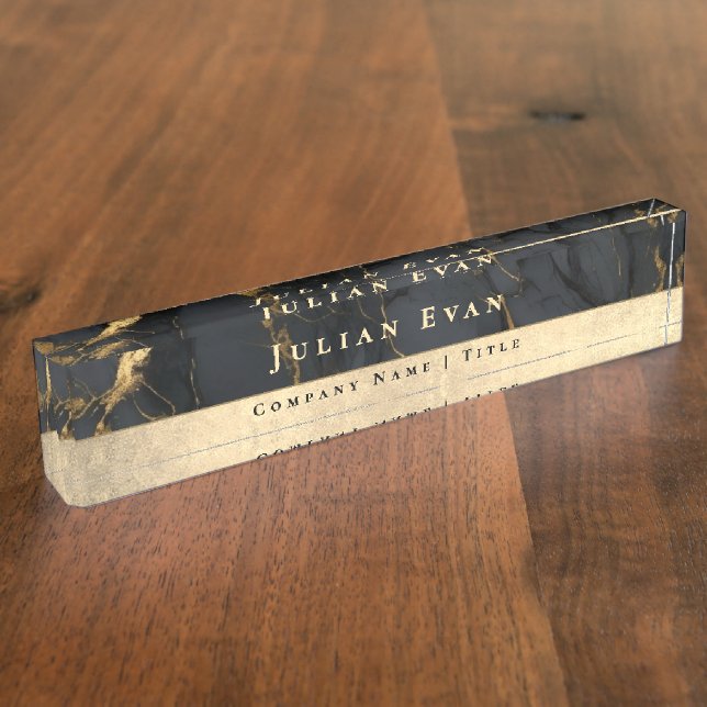 Elegant Glitter Gold Luxe Black Agate Marble Nameplate (Side)