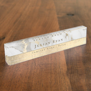 Elegant Glitter Gold Luxe White Agate Marble Nameplate