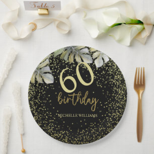 Elegant Glitter Gold Palm Calligraphy Birthday Paper Plate