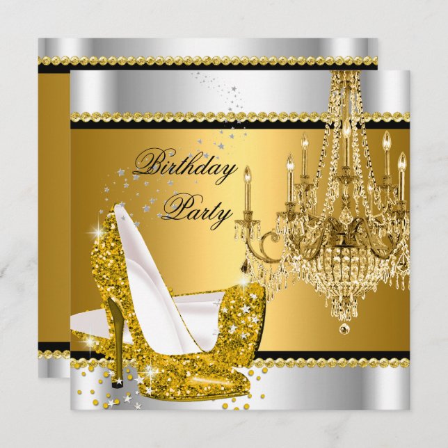 Elegant Glitter Gold Silver Glamour Chandelier Invitation (Front/Back)