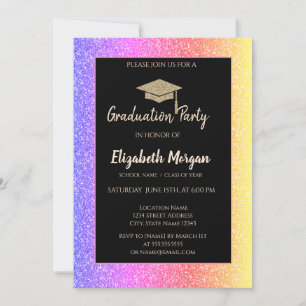 Elegant Glitter Grad Cap Colourful Glitter Invitation