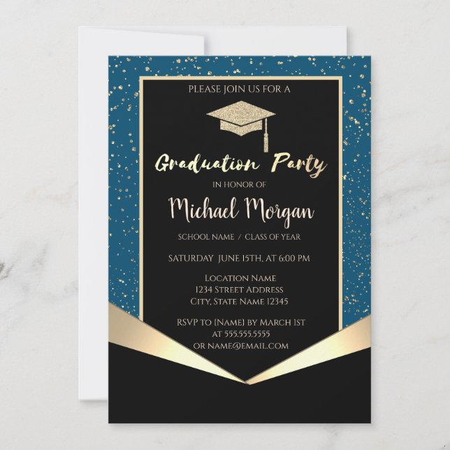 Elegant Glitter Grad Cap,Confetti  Graduation Invitation (Front)