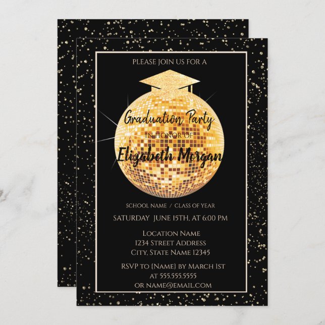 Elegant Glitter Graduation Cap,Disco Ball Confetti Invitation (Front/Back)