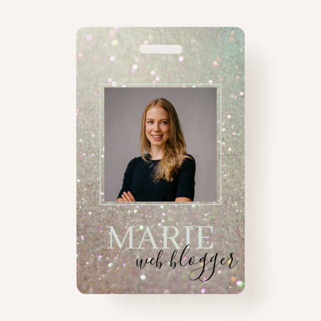 Elegant Glitter Green Pink Aqua Shiny Photo ID Badge (Front)