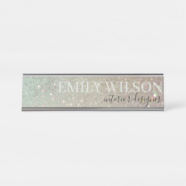 Elegant Glitter Green Pink Aqua Shiny Shimmer Desk Name Plate (Front)