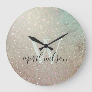 Elegant Glitter Green Pink Aqua Shiny Shimmer Large Clock