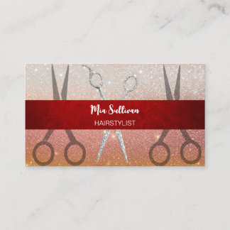 Elegant Glitter Hairstylist Silver Scissors Business Card