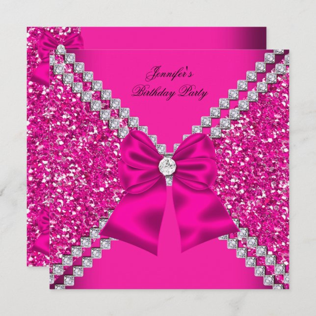 Elegant Glitter Hot Pink Diamonds Birthday Party Invitation (Front/Back)