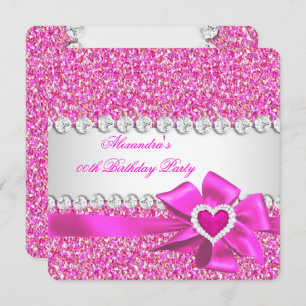Elegant Glitter Hot Pink Heart Bow Birthday Party Invitation
