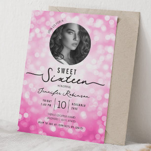 Elegant Glitter Lights Sweet 16 Birthday Hot Pink Invitation