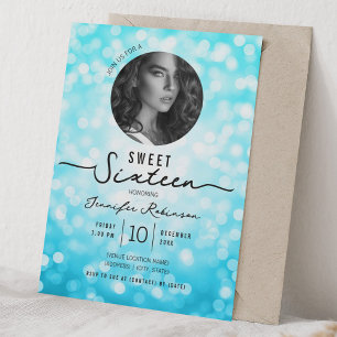 Elegant Glitter Lights Sweet 16 Birthday Turquoise Invitation