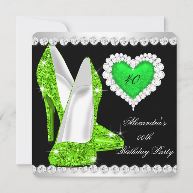 Elegant Glitter Lime Green Heart Shoes Birthday Invitation (Front)
