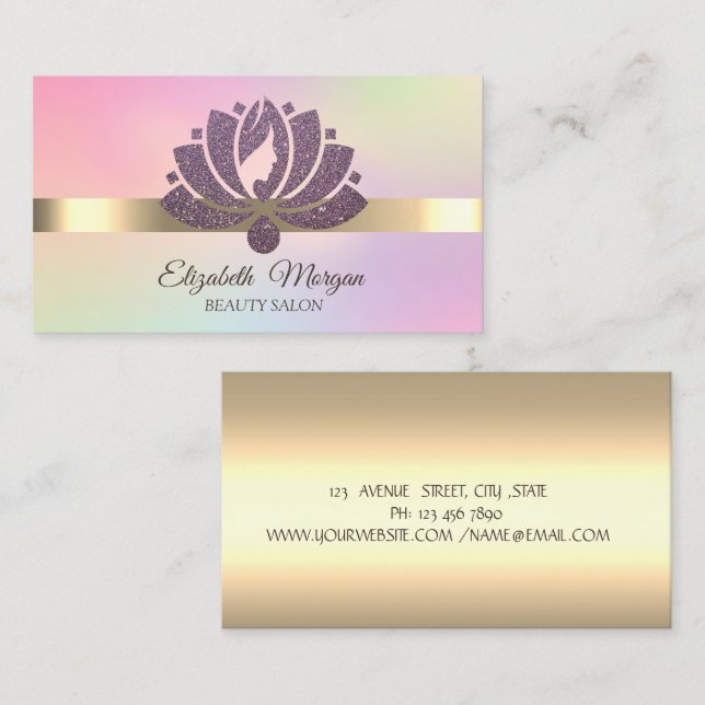 Elegant Glitter Lotus Flower Makeup Holographic Business Card (Front/Back)