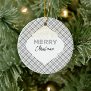 Elegant Glitter Merry Christmas Plaid Grey White Ceramic Tree Decoration