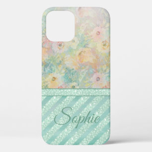 Elegant Glitter Name Watercolor Floral Pastel iPhone 12 Case