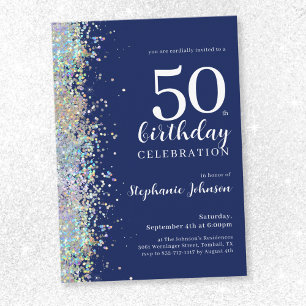 Elegant Glitter Navy 50th Birthday Invitation