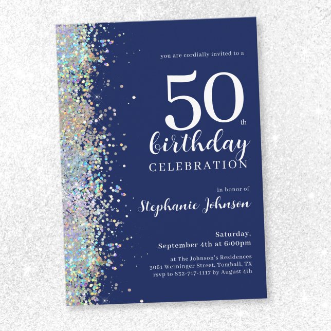 Elegant Glitter Navy 50th Birthday Invitation (Elegant Glitter Navy 50th Birthday Invitation)