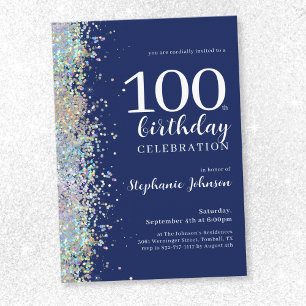 Elegant Glitter Navy Blue 100th Birthday Invitation