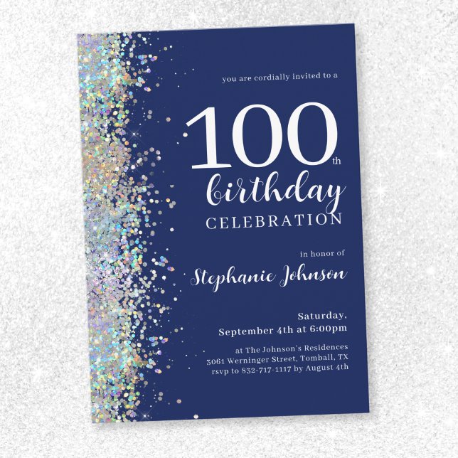 Elegant Glitter Navy Blue 100th Birthday Invitation (Elegant Glitter Navy Blue 100th Birthday Invitation)