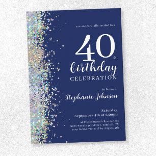 Elegant Glitter Navy Blue 40th Birthday Invitation
