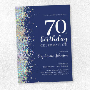 Elegant Glitter Navy Blue 70th Birthday Invitation