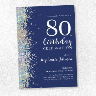 Elegant Glitter Navy Blue 80th Birthday Invitation