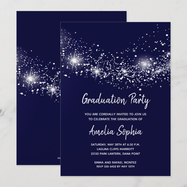 Elegant Glitter Navy Blue Graduation Party Invites (Front/Back)