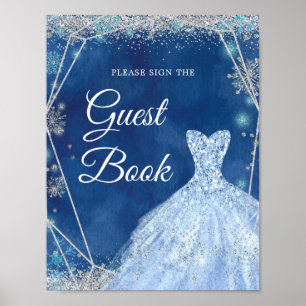 Elegant Glitter Navy Christmas Snowflake 15 años Poster
